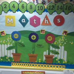 a bulletin board with flowers and numbers on it