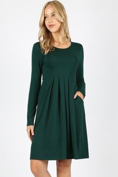 Zenana Premium Sleeves are full-length, pleated waist, and a maxi-dress hem of 36" length. Added pockets on the sides complete the look, making this dress perfect for colder weather and beyond.Color: Hunter Green Stretched Bust 38-40-42-44, Length 36-37 (approx knee length) 55% Polyester, 40% Rayon, 5% Spandex, hand wash, imported M2/RD-1599P Homecoming Dresses Long Sleeve, Dresses With Pockets, Long Sleeve Tunic Dress, Magical Winter, Loose Dresses, Homecoming Dresses Long, Empire Waist Dress, Dresses Long Sleeve, Loose Dress