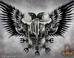 a skull with wings and two birds on it's head, in black ink