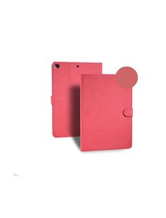 a pink ipad case with a button on the front and back cover, sitting against a white background