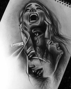 a pencil drawing of a woman screaming with her mouth open and hands in the air