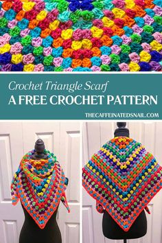 the crochet triangle shawl is made with multiple colors