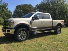 a silver truck parked on top of a grass covered field with trees in the background