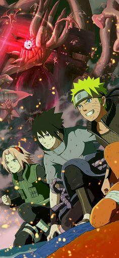 naruto and his friends are sitting on the ground in front of some demonic creatures