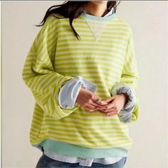 Free People- Classic Striped Oversized Crew Lime Striped Sz Small. Nwot. (Rare. Color) So Cool And Classic, This Timeless Crewneck Is Featured In An Oversized, Slouchy Silhouette And Staple Striped Print With Contrasting Hems For Added Dimension. Fit: Relaxed, Oversized Fit Features: Crew Neckline, Dropped Shoulders, Contrast Hems Why We <3 It: Lovely For Layering Or Styling Solo, This So Tried And True Piece Is The Perfect Effortless Essential Your Wardrobe Has Been Wanting. Fit Note: This Styl Oversized Crewneck, Oversized Pullover, Tried And True, Free People Sweater, So Cool, Model Photos, Boho Outfits, Free People Tops, Colorful Sweaters