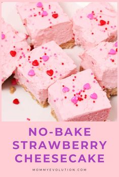 no - bake strawberry cheesecake with pink frosting and sprinkles