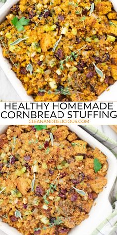 healthy homemade cornbread stuffing in two white casserole dishes