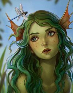 a painting of a woman with green hair and dragon wings on top of her head