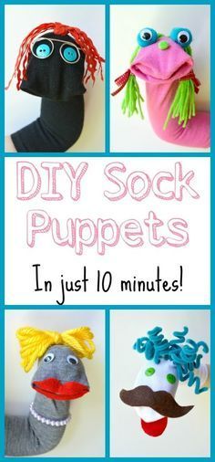 the book cover for diy sock puppets in just 10 minutes, with pictures of different faces