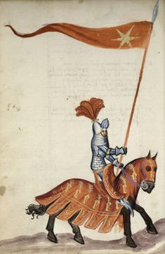 an illustration of a man riding on the back of a horse holding a red flag