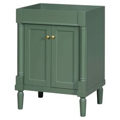 a green cabinet with two doors and drawers