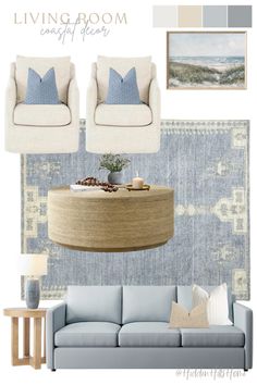 the living room is decorated in blue and gray tones, with neutrals on the walls