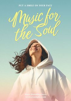 a woman wearing a white hoodie with the words music for the soul