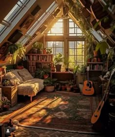 an attic bedroom with lots of plants in it