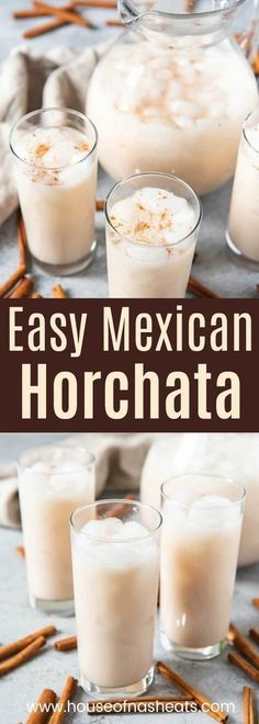 homemade mexican horchata recipe with cinnamon sticks in the foreground and two glasses full of it