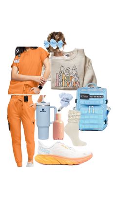 a woman in an orange outfit and sneakers