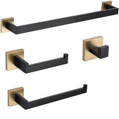 four black and gold bathroom accessories on a white background