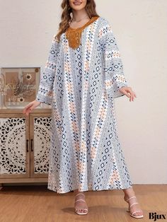 Bjux - Professional Womens Plus Size Boho Abaya Dress with Aztec & Stripe Prints, Long Sleeves, V Neckline, Contrast Guipure Lace Design, and Maxi Jalabiya Length White Printed Long Sleeve Kaftan, Multicolor Long Sleeve Abaya For Eid, Multicolor Long Sleeve Thobe For Eid, Plus Size Boho, Abaya Dress, Guipure Lace, Kaftan Dress, V Neckline, Printed Maxi