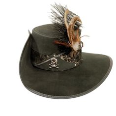 Hook | Mens Black Suede Leather Cavalier Hat exudes bold pirate style with its embossed felt band, Jolly Roger ornament, and back corset lacing. Perfect for making a statement at costume events or outdoor adventures. Material: Lightweight 100% USA made Leather Shape: Cavalier Trim: Embossed Felt Band with Jolly Roger Ornament, Chain and Feathers; Back Corset Lacing Brim Size: 4 1/2” Crown Height: 5” Sweatband: AHM Velcro Assembled in the USA Cavalier Hat, Skull Ornaments, Pirate Style, Leather Top Hat, American Hat Makers, Corset Lacing, Short Comic, Pirate Fashion, Damask Fabric