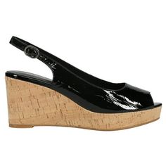 Peep-toe slingback wedge with an eye-catching silhouette and adjustable buckle for the perfect fit. Patent leather material features slight crinkle detail. Completely lined with a padded insole on a 3 and 1/4 inch cork wedge heel. Size: 10.5.  Color: Black.  Gender: female.  Age Group: adult. Casual Sandals, Cork Wedge, Leather Material, Wedge Heels, Shoes Women Heels, Gender Female, Patent Leather, Cork, Clothing And Shoes