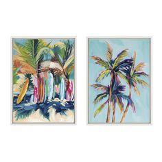 two paintings depicting surfboards and palm trees