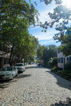 a cobblestone street with cars parked on the side and trees lining both sides