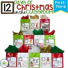 the twelve days of christmas in the classroom is shown with presents stacked on top of each other