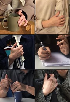 four different shots of people holding their hands and writing on paper, using cell phones