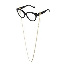 A new interpretation of Gucci Chain iconic concept to see with new eyes: the imaginary deems that a chain around the neck, attached to a pair of glasses, is a happy place. Feminine squared cat-eye shape. Unique construction featuring a chain, seen as an integral part of the frame, attached behind the GG interlocking logo. The style presents SKUs with and without the chain. The GG interlocking logo now becomes functional, its shape is made up of filled in areas and empty spaces becoming a base, a Elegant Black Metal Glasses Chains, Trendy Adjustable Chain Necklace For Formal Events, Elegant Metal Glasses Chains With Chain Strap, Elegant Metal Glasses Chains, Elegant Glasses Chains With Chain Strap As Gift, Modern Metal Glasses Chains With Adjustable Chain, Chic Adjustable Chain Glasses Chains For Party, Chic Adjustable Glasses Chain For Parties, Chic Adjustable Glasses Chains For Party