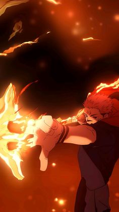 an anime character holding a fire ball in the air with his arm out and eyes closed