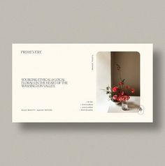 an open brochure with red flowers in a vase on the table and white background