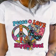 Casual Short Sleeve Graphic Shirt. Peace Love Hippie Soul Temu Stuff, Granny Stripe Crochet, Hippie T Shirts, Top For Summer, Graphic Shirt, Free Clothes, Graphic Shirts, Casual Tops, Pink Ladies