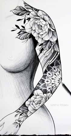 a drawing of a woman's arm with flowers on it