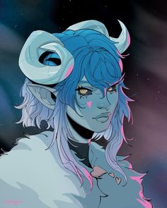 an anime character with blue hair and horns