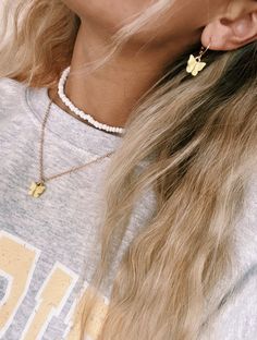 handmade dainty gold plated chain necklace with a white butterfly charm •size guide: 18” White Butterfly, Butterfly Charm, Butterfly Necklace, Gold Plated Chains, Size Guide, Ear Cuff, Chain Necklace, Gold Plate, Plating