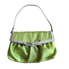 How cute is this doll bag? Rare find from Ungaro Fuchsia Great vintage condition! No flaws:) Color light green with white polka dots pattern Leather handle and trim Comes with mirror and lipstick bag Approximate dimensions: 10"x6"x2.5" Barbie Handbag, Doll Bag, Lipstick Bag, Green Polka Dot, Polka Dot Pattern, Dots Pattern, Cute Bag, Green Bag, Color Light