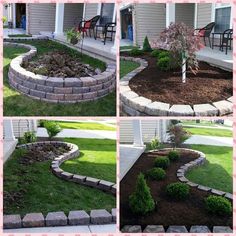 four pictures of landscaping in front of a house