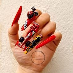 Ferrari F1 Nail Art, Ferrari Nail Design, Car Nail Designs, Formula 1 Nails Designs, Ferrari Nail Art, F1 Nails Designs Ferrari, Race Car Nails Designs, Car Nails Designs, F1 Nails Designs