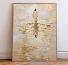 an abstract painting of a person standing in the water