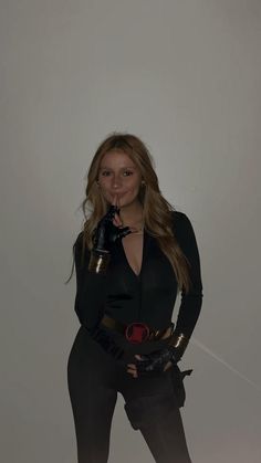 black widow costume // Halloween costume for college girls // hot costume ideas // redhead costume Black Widow And Hawkeye Costume, Costume With Black Bodysuit, Iron Man Halloween Costume For Women, Cute Marvel Halloween Costumes, Hulk And Black Widow Costume, Black Jumpsuit Halloween Costume Ideas, Halloween Costumes Superhero Women, Iron Man Costume For Women, Superhero Female Costume