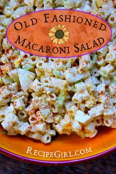 old fashioned macaroni salad on an orange plate