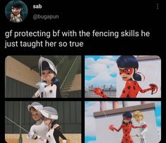 an image of some cartoon characters with caption that reads, i'm getting bit with the fencing skills he just taught her so true