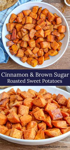 cinnamon and brown sugar roasted sweet potatoes in a white bowl on top of a wooden table