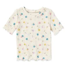 Featuring a charming allover floral print, this Okie Dokie toddler and little girls' short-sleeve t-shirt is a cute addition to her wardrobe for school or playtime. It's made from a textured fabric for a regular-fit and has a round neckline. Pair it with cargo pants and sneakers for a casual outfit. Closure Type: Pullover HeadFit: Regular FitNeckline: Round NeckSleeve Length: Short SleeveApparel Length: 14.75 InchesFiber Content: 98% Polyester, 2% SpandexCare: Tumble Dry, Machine WashCountry of Patterned Floral Print Cotton T-shirt, Spring Patterned Short Sleeve T-shirt, Patterned All Over Print T-shirt For Spring, Spring T-shirt With All Over Print And Short Sleeves, Spring T-shirt With All Over Print, Spring All Over Print Short Sleeve T-shirt, Spring Short Sleeve T-shirt With All Over Print, Spring Patterned T-shirt With All Over Print, White Ditsy Floral Print Short Sleeve Top