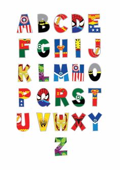 the letters and numbers are made up of different superheros, captain america, iron man, spider - man, batman, thor