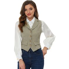 It's a plaid vest with a cinched waist and a handkerchief hem detail. The design is delicate. And the collared v-neck is comfortable for you to wear all day long and draw out your neckline. Matched with blazer outwear adding an urban edge, matched shirts for the professional look, or just over a big poet-type shirt for the 1950s or the Renaissance Fair, this vest can always bring you a surprise. Suitable for working office, formal occasions, casual daily, waitress, concert, wedding, themed parti Campus Fashion, Working Office, Retro Outfit, Plaid Vest, Brown Outfit, Vintage Vest, Handkerchief Hem, Career Wear, Plaid Fashion