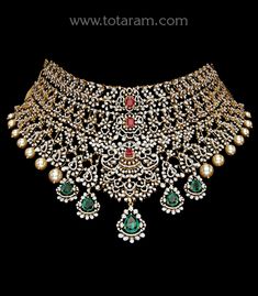 18 Karat Gold "Detachable / 11 in 1" Diamond Choker Necklace With Color Stones & Culture Pearls    This product has Inter Changeable Stones in the Necklace.   This Product has a Detachable Pendant which can be used as a separate Pendant with most Chains.   Enhance Your Beauty with 18 Karat Gold "11 in 1" Diamond Choker Necklace    Indulge in luxury with this exquisite 18 karat gold diamond choker necklace from Totaram Jewelers, crafted in India. This stunning piece features a total gross gold we Ceremonial Diamond Fine Jewelry, Ceremonial Fine Diamond Jewelry, Exquisite Diamond Jewelry For Ceremonial Occasions, Ceremonial Yellow Gold Jewelry With Diamond Accents, Gold Diamond Bridal Necklace For Ceremonial Occasion, Elegant 22k Gold Choker, 22k Gold Jewelry With Diamond Accents For Wedding, 22k Gold Wedding Jewelry With Diamond Accents, Gold Diamond Choker