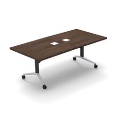 a rectangular conference table with wheels on each side and two square holes in the center