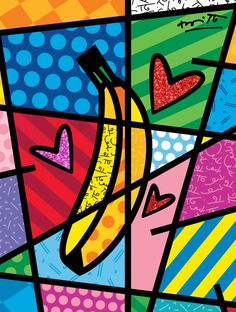 a painting of a banana with hearts on it's side and colorful squares in the background