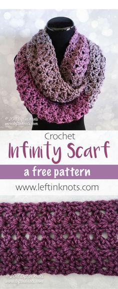 a crochet scarf with text that reads,'crochet infinity scarf a free pattern '